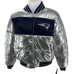 NFL New England Patriots Puffer Bomber Jacket Metallic Silver Womens Medium NEW